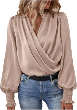 Women's Tops Elegant Criss Cross V-neck Lantern Long Sleeve Shirts Fall Casual Loose Fit Chiffon Blouse for Ladies