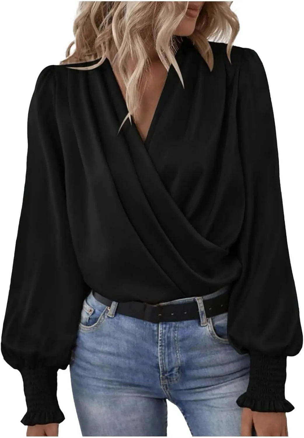 Women's Tops Elegant Criss Cross V-neck Lantern Long Sleeve Shirts Fall Casual Loose Fit Chiffon Blouse for Ladies