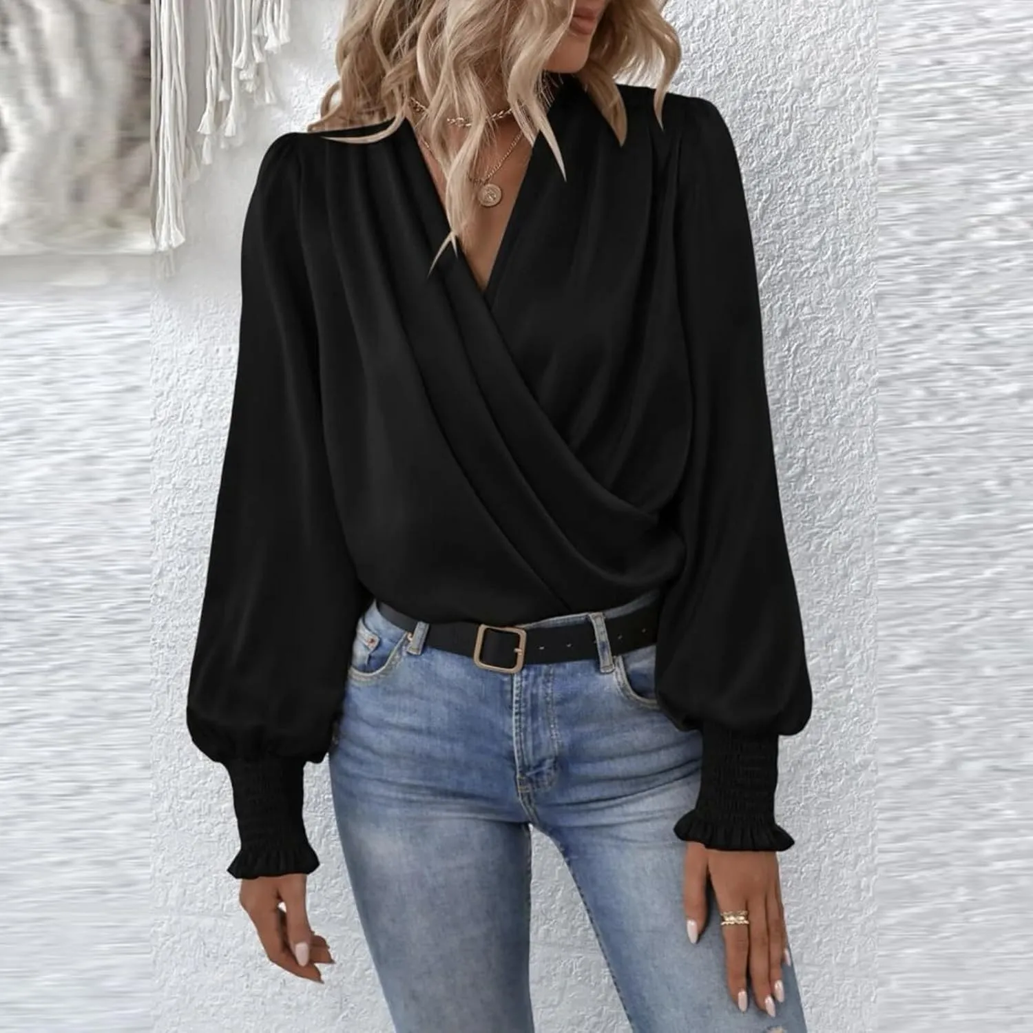 Women's Tops Elegant Criss Cross V-neck Lantern Long Sleeve Shirts Fall Casual Loose Fit Chiffon Blouse for Ladies