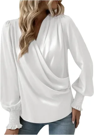 Women's Tops Elegant Criss Cross V-neck Lantern Long Sleeve Shirts Fall Casual Loose Fit Chiffon Blouse for Ladies