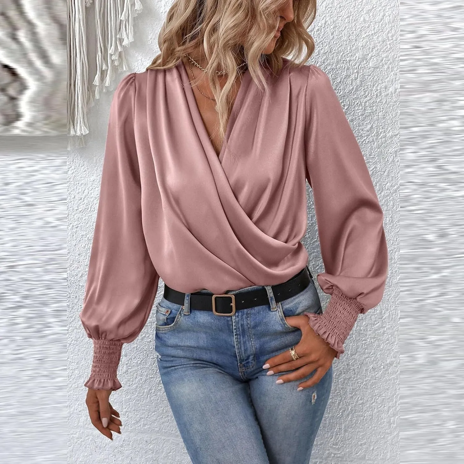 Women's Tops Elegant Criss Cross V-neck Lantern Long Sleeve Shirts Fall Casual Loose Fit Chiffon Blouse for Ladies