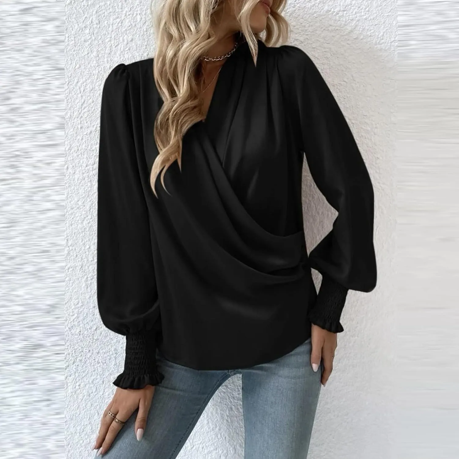Women's Tops Elegant Criss Cross V-neck Lantern Long Sleeve Shirts Fall Casual Loose Fit Chiffon Blouse for Ladies