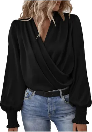 Women's Tops Elegant Criss Cross V-neck Lantern Long Sleeve Shirts Fall Casual Loose Fit Chiffon Blouse for Ladies