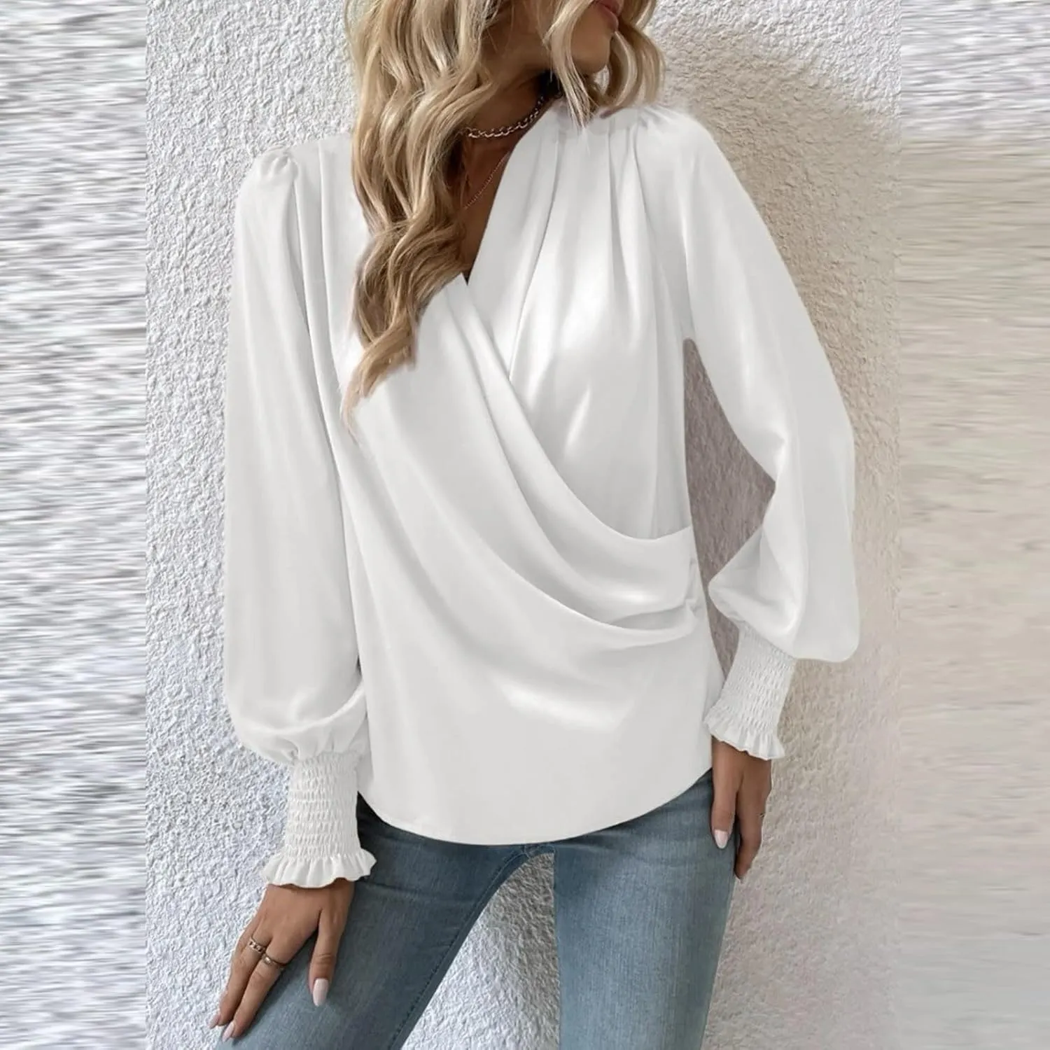 Women's Tops Elegant Criss Cross V-neck Lantern Long Sleeve Shirts Fall Casual Loose Fit Chiffon Blouse for Ladies