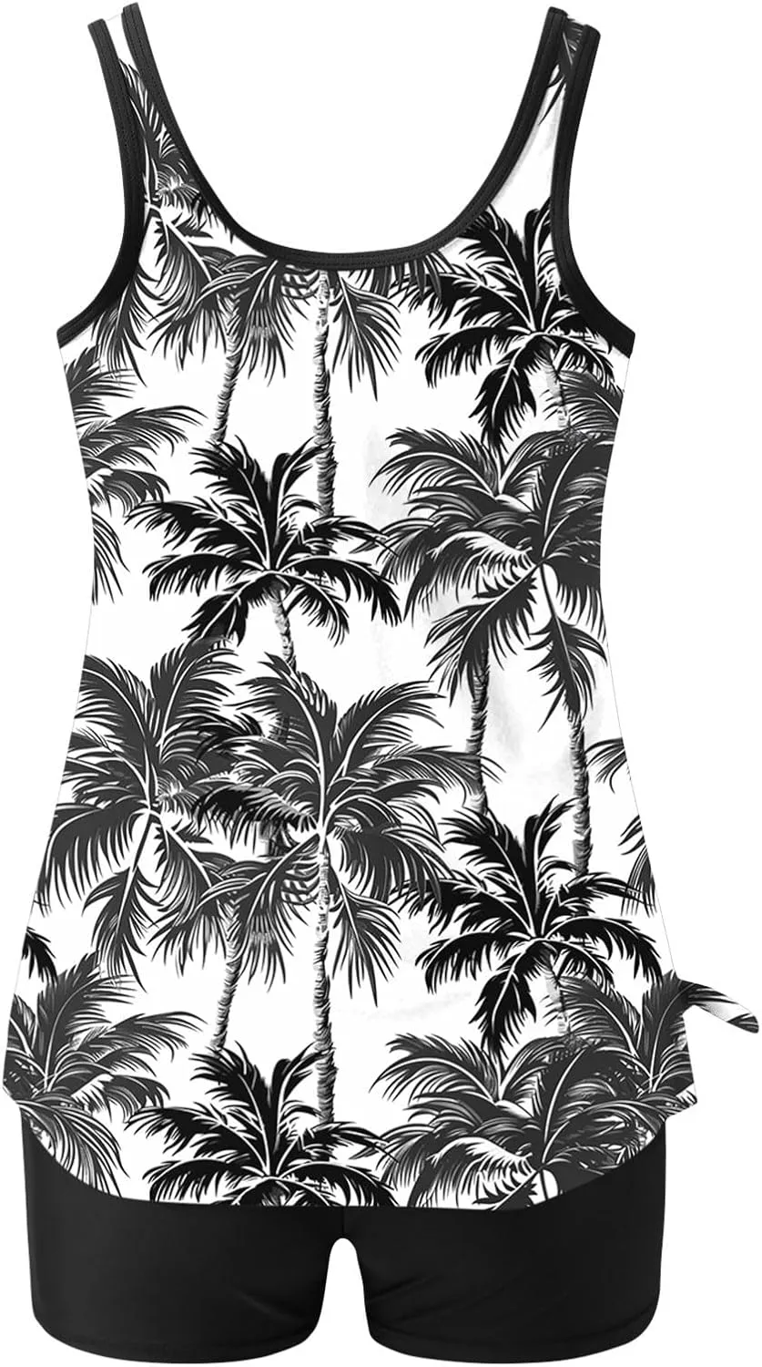 Womens Two Piece Tankini Bathing Suits Blouson Swim Tank Tops with with High Waist Tummy Control Boy Shorts Siwmwear