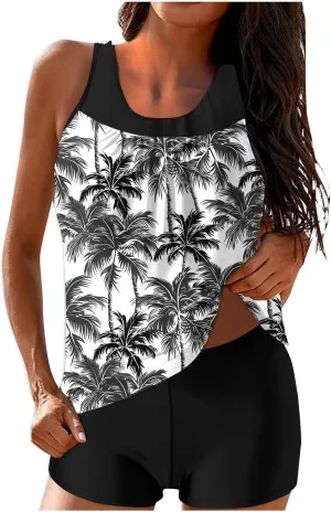 Womens Two Piece Tankini Bathing Suits Blouson Swim Tank Tops with with High Waist Tummy Control Boy Shorts Siwmwear
