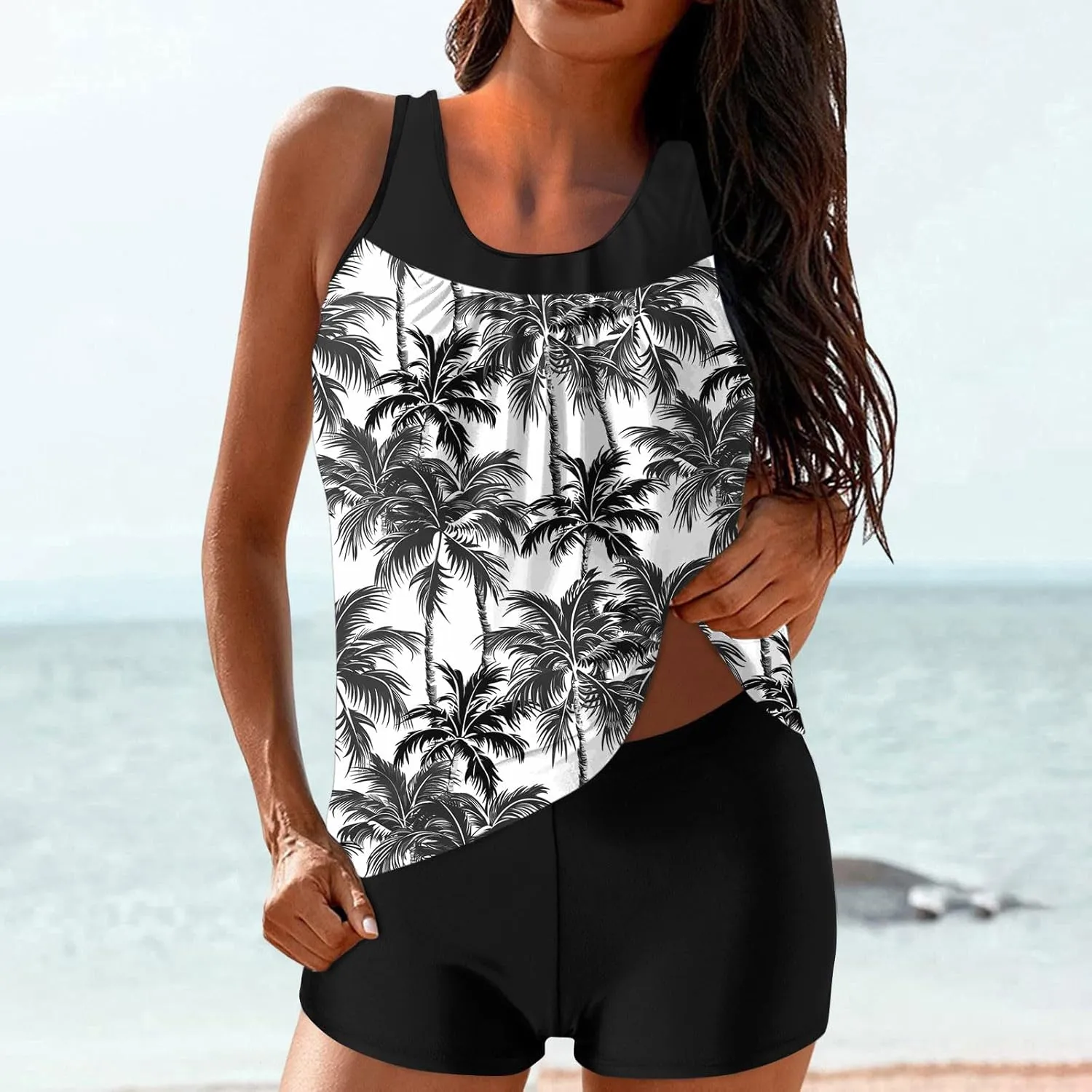 Womens Two Piece Tankini Bathing Suits Blouson Swim Tank Tops with with High Waist Tummy Control Boy Shorts Siwmwear