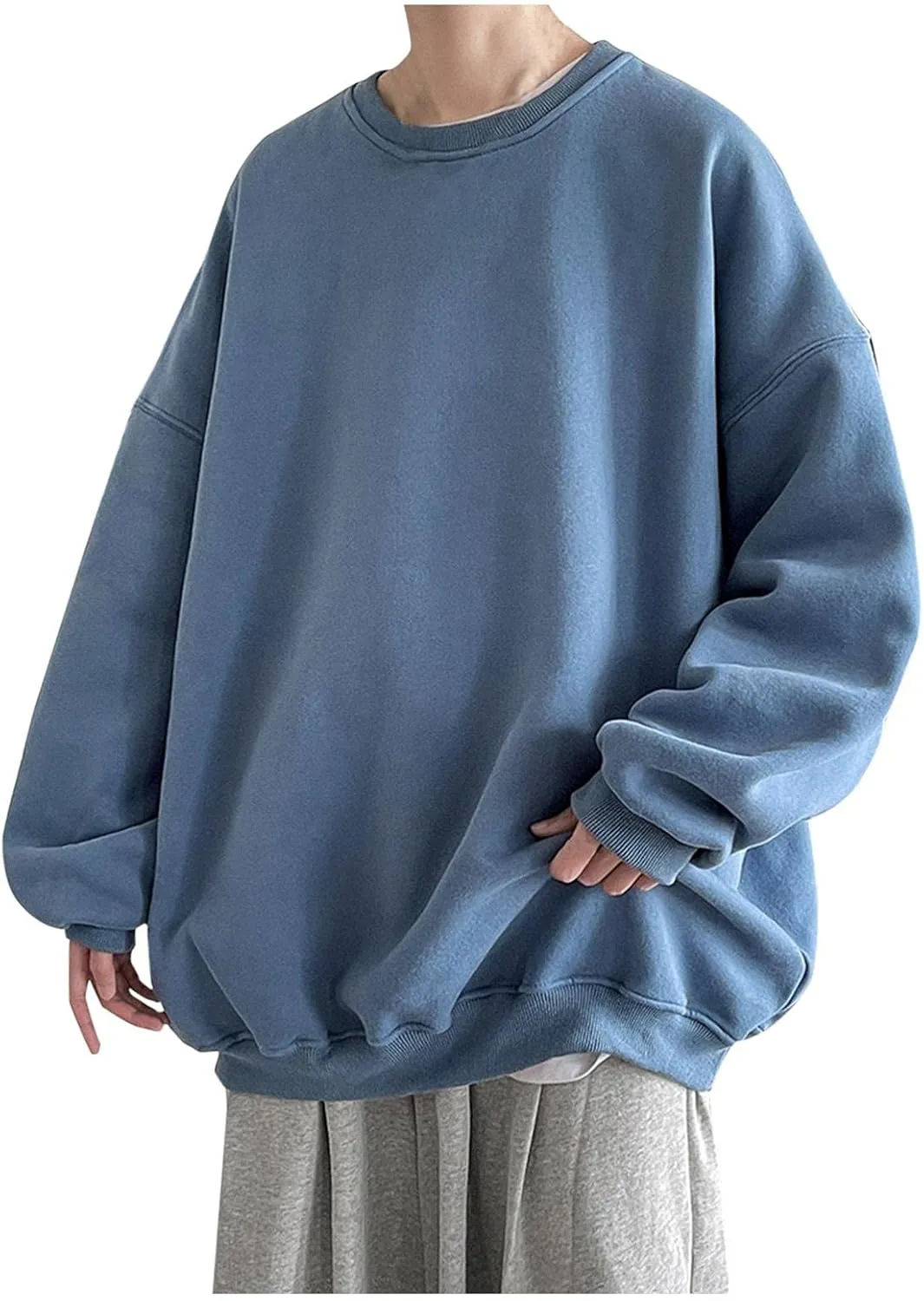 WUAI-Men Crewneck Sweatshirt Plus Size Soft Cozy Hipster Workout Loose Oversized Pullover Sweaters Thermal Jumper Tops