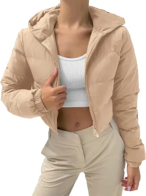 XUETON Womens Winter Long Sleeve Zip Up Cropped Puffer Down Jackets Padding Warm Baggy Loose Quilted Short Down Hooded Coat with Pockets Khaki