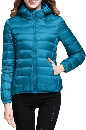 XUETON Womens Zip Up Lightweight Packable Down Puffer Jacket Autumn Winter Warm Hooded Windproof Water-Resistant Short Down Jacket Outerwear(Blue,X-Large)
