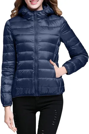 XUETON Womens Zip Up Lightweight Packable Down Puffer Jacket Autumn Winter Warm Hooded Windproof Water-Resistant Short Down Jacket Outerwear(Navy,Large)