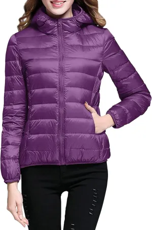 XUETON Womens Zip Up Lightweight Packable Down Puffer Jacket Autumn Winter Warm Hooded Windproof Water-Resistant Short Down Jacket Outerwear(Purple,XX-Large)