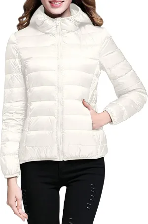XUETON Womens Zip Up Lightweight Packable Down Puffer Jacket Autumn Winter Warm Hooded Windproof Water-Resistant Short Down Jacket Outerwear(White,Medium)