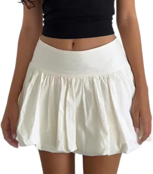 Y2k Bubble Mini Skirt Women Pleated Ruffle Hem High Elastic Waist Short Skirt Aline Balloon Puffy Beach Mini Skirt