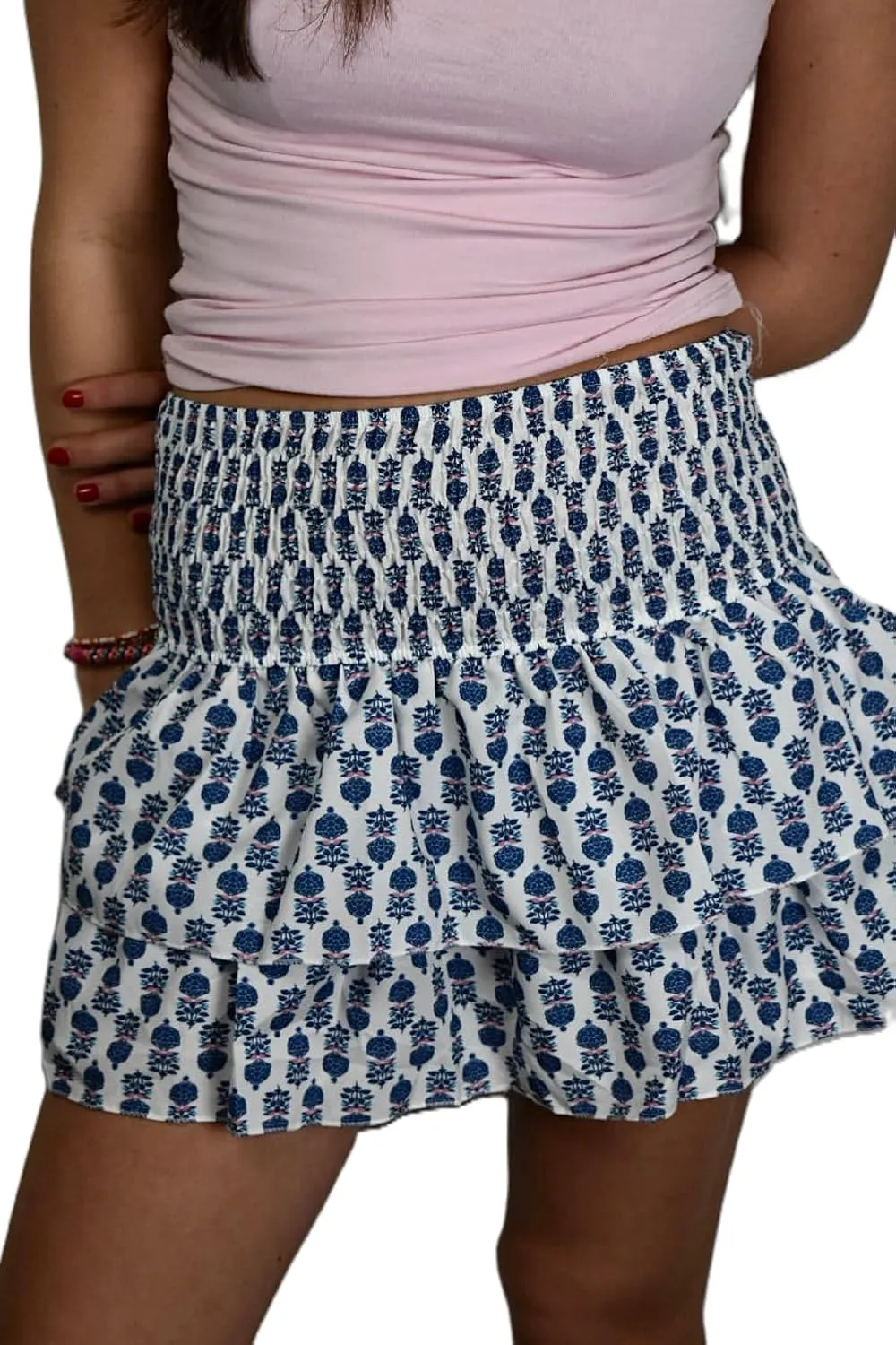 Y2k Tiered Ruffle Mini Skirt Women Smocked High Elastic Waist A-Line Pleated Flowy Boho Skater Short Skirt