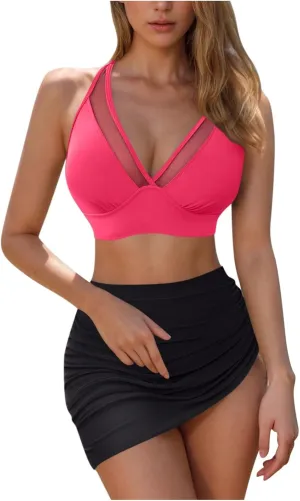 yardsong Bikini Sets for Women Two Piece High Waisted Bathing Suits Mesh Patchwork Adjustable Straps Skirted Swimsuits