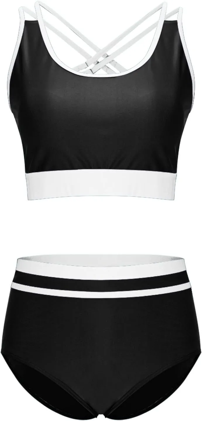 yardsong Modest Bikini Sets for Women Two Piece Sporty Bathing Suits Double Shoulder Straps Scoop Neck High Waist Swimsuits