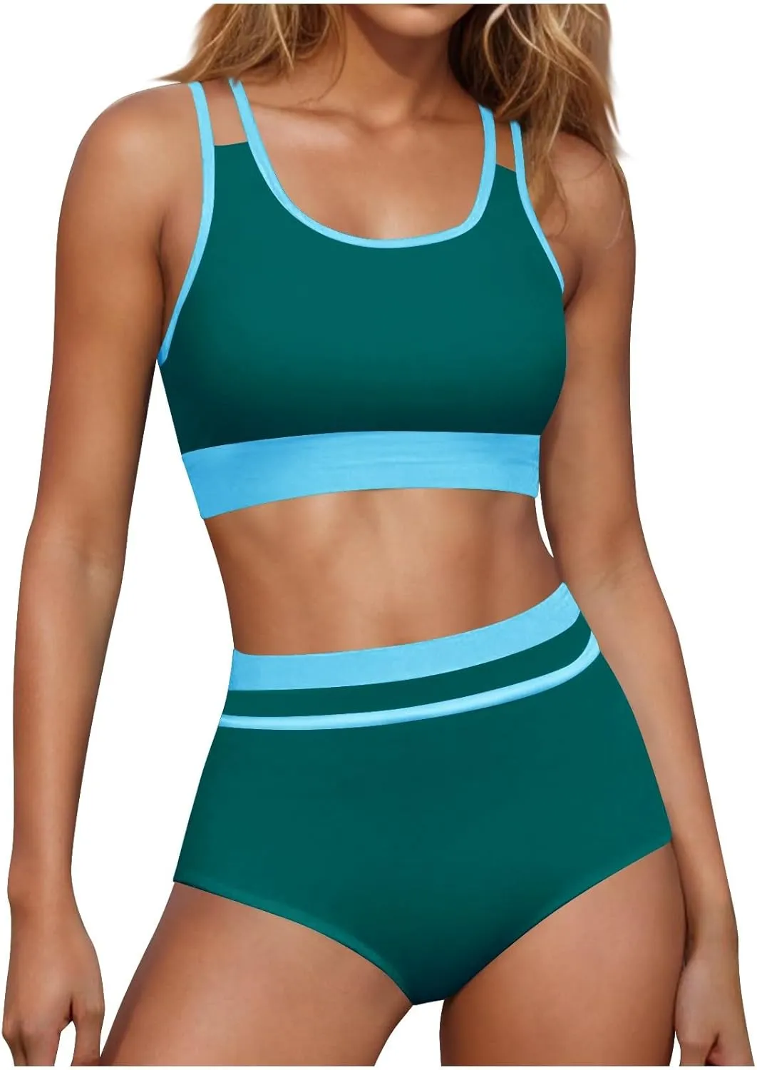 yardsong Modest Bikini Sets for Women Two Piece Sporty Bathing Suits Double Shoulder Straps Scoop Neck High Waist Swimsuits