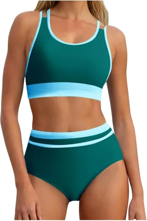yardsong Modest Bikini Sets for Women Two Piece Sporty Bathing Suits Double Shoulder Straps Scoop Neck High Waist Swimsuits