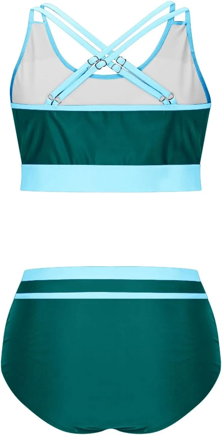 yardsong Modest Bikini Sets for Women Two Piece Sporty Bathing Suits Double Shoulder Straps Scoop Neck High Waist Swimsuits