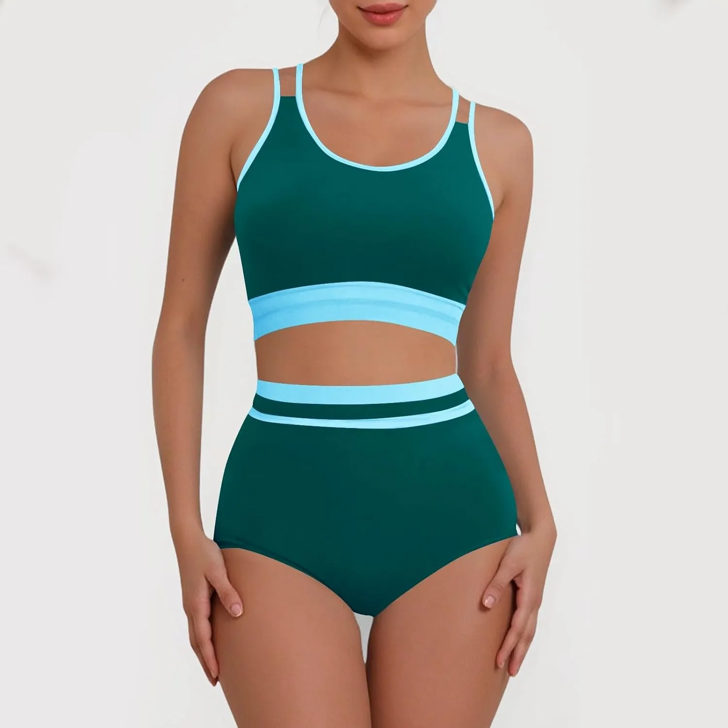 yardsong Modest Bikini Sets for Women Two Piece Sporty Bathing Suits Double Shoulder Straps Scoop Neck High Waist Swimsuits