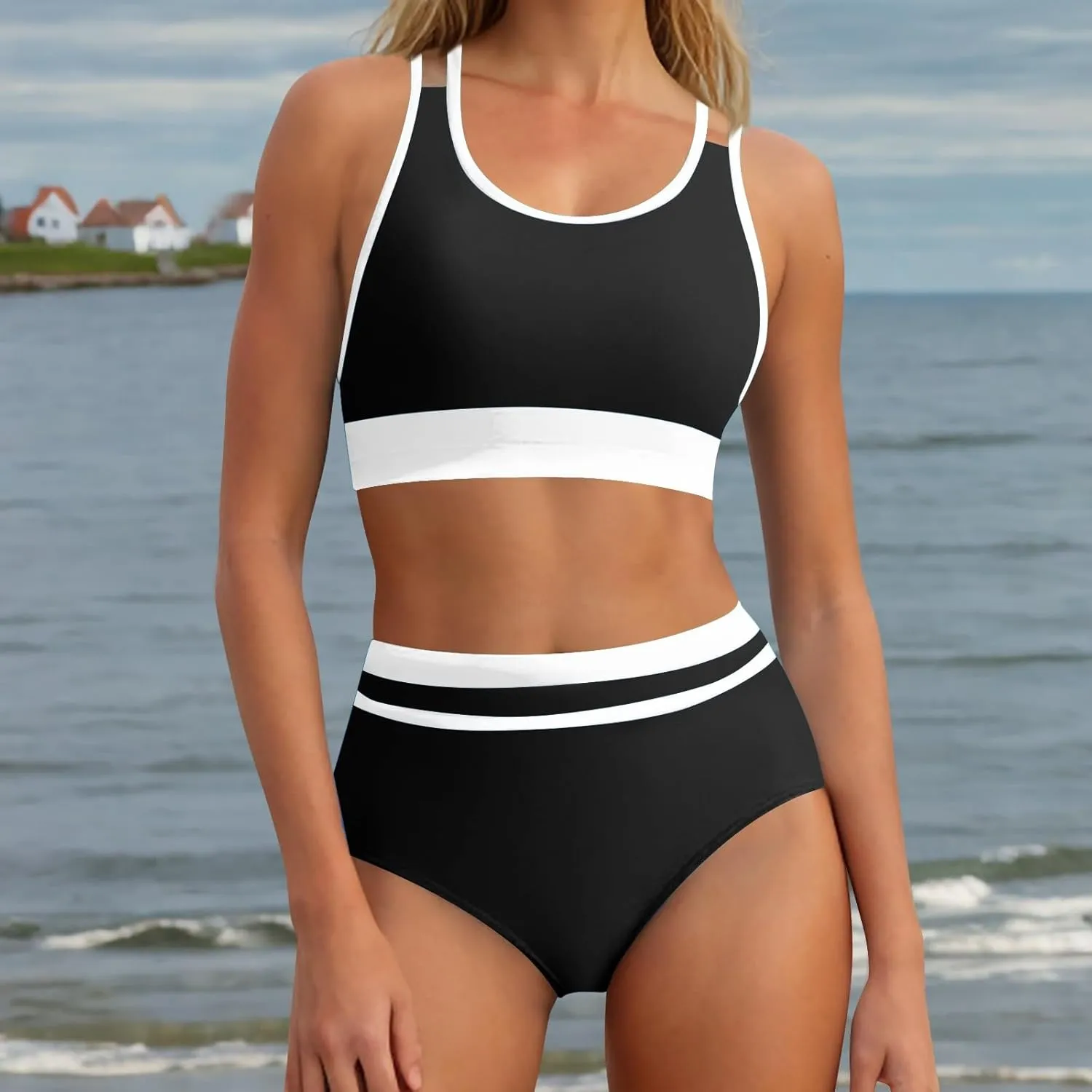 yardsong Modest Bikini Sets for Women Two Piece Sporty Bathing Suits Double Shoulder Straps Scoop Neck High Waist Swimsuits