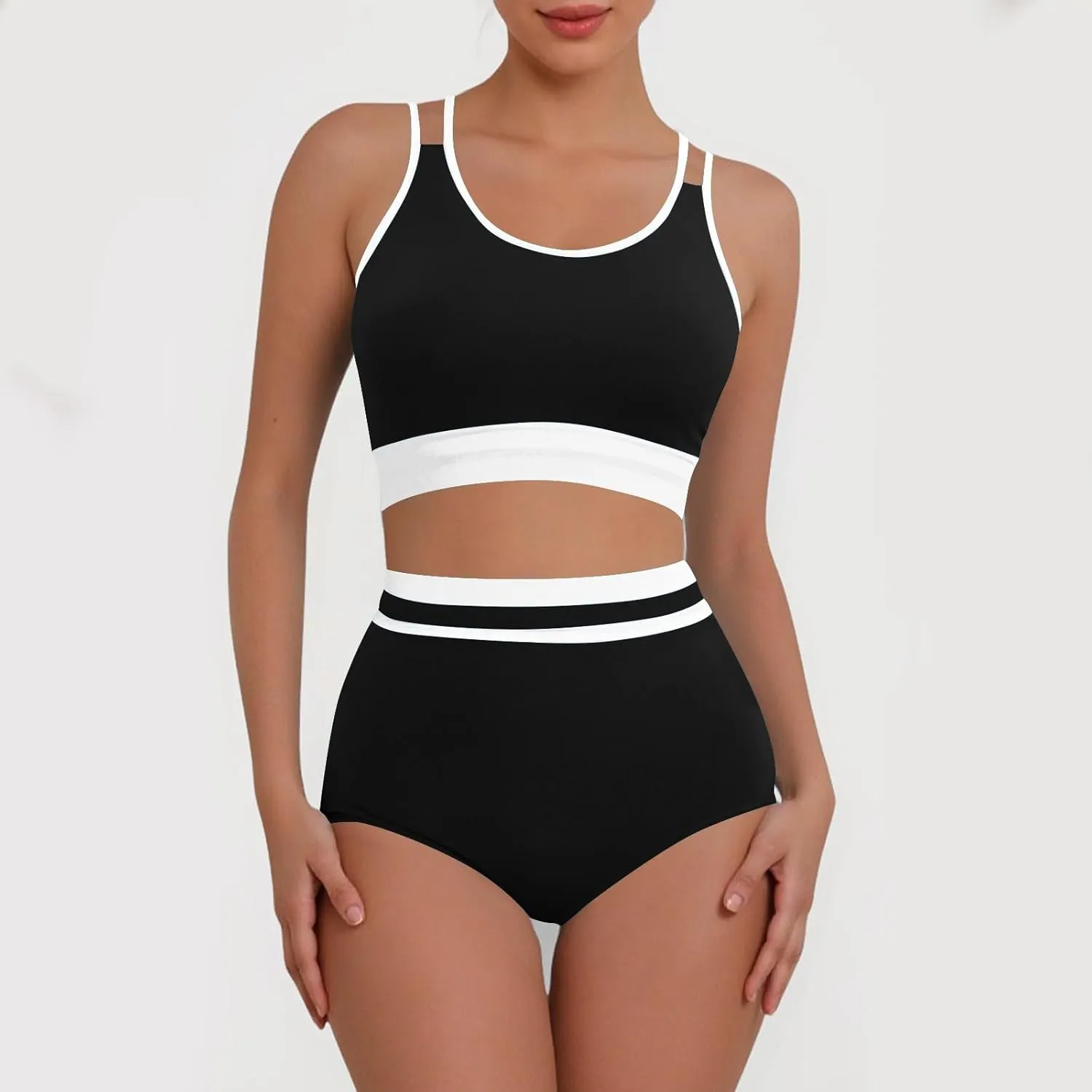 yardsong Modest Bikini Sets for Women Two Piece Sporty Bathing Suits Double Shoulder Straps Scoop Neck High Waist Swimsuits