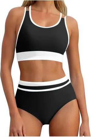 yardsong Modest Bikini Sets for Women Two Piece Sporty Bathing Suits Double Shoulder Straps Scoop Neck High Waist Swimsuits