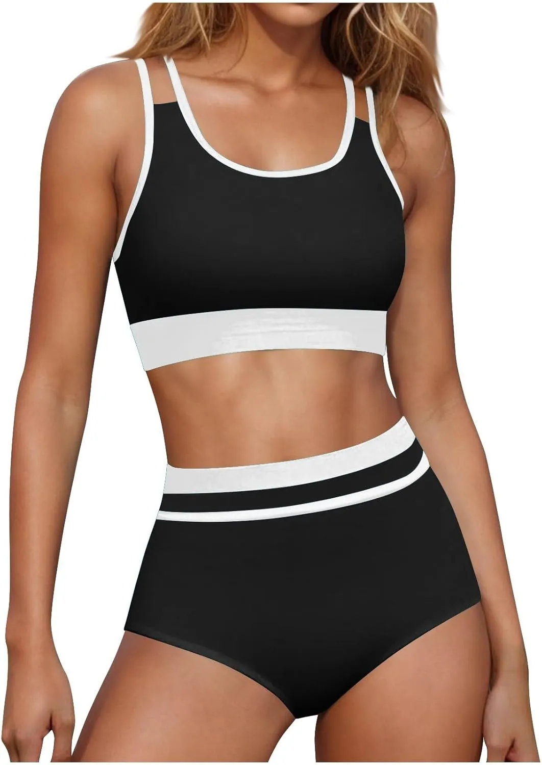 yardsong Modest Bikini Sets for Women Two Piece Sporty Bathing Suits Double Shoulder Straps Scoop Neck High Waist Swimsuits