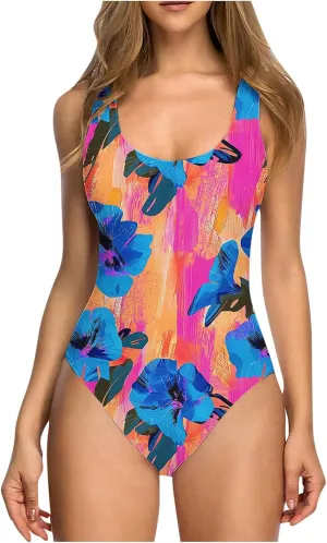 yardsong One Piece Swimsuit Women Tummy Control Floral Print Bathing Suits Scoop Neck Slimming Conservative Swimwear