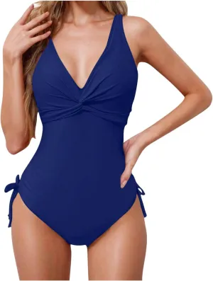 yardsong One Piece Swimsuit Women Tummy Control V Neck Twist Knot Bathing Suits Adjustable Shoulder Straps Swimwear