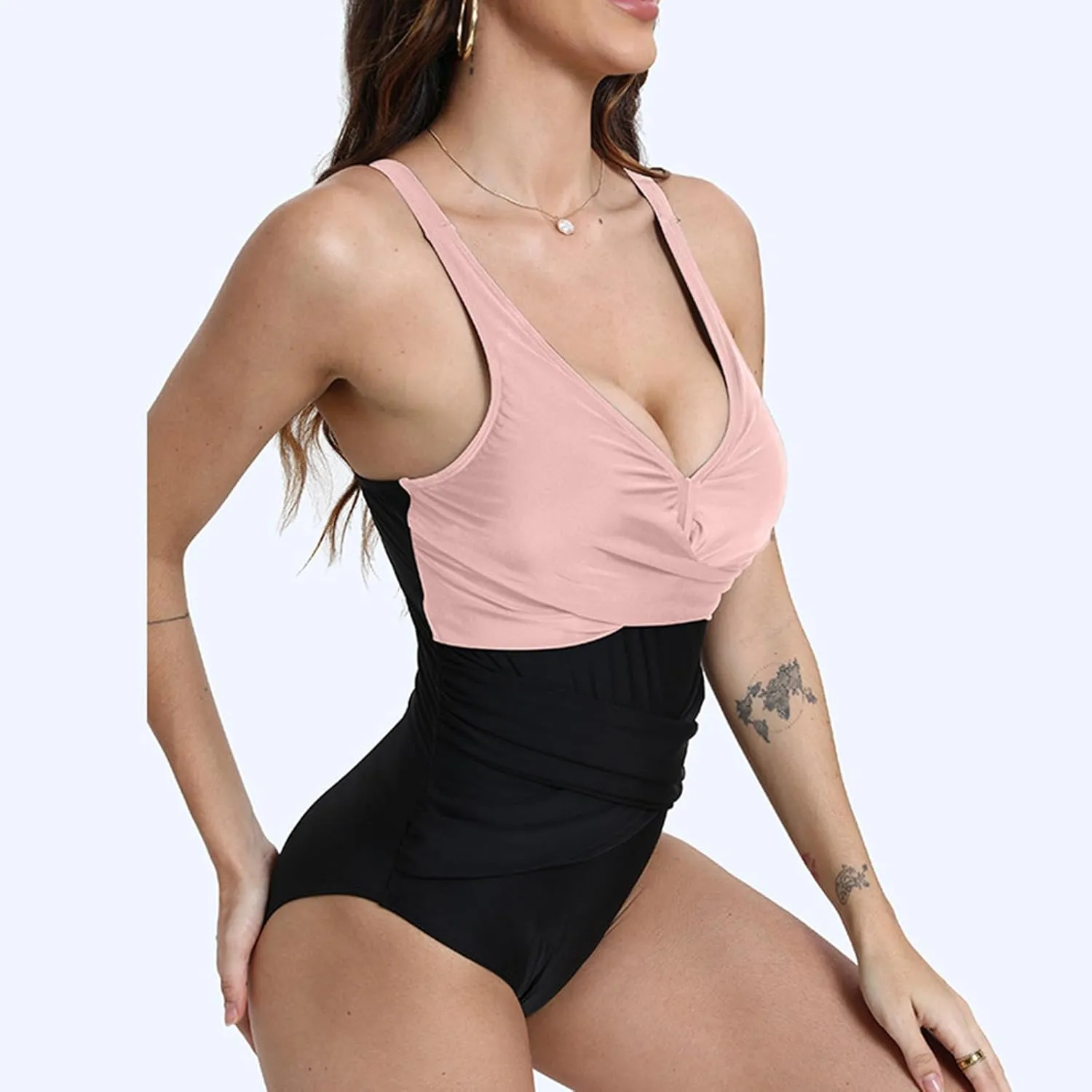 yardsong Tummy Control One Piece Swimsuit for Women Trendy Conservative Bathing Suits V Neck Ruched Color Block Swimwear
