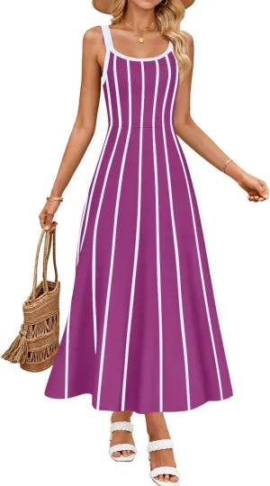 ZESICA Womens 2025 Summer Sleeveless Striped Midi Dresses Casual A Line Swing Knit Long Dress Beach Vacation Clothes