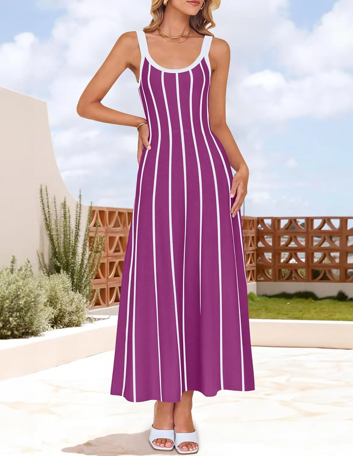 ZESICA Womens 2025 Summer Sleeveless Striped Midi Dresses Casual A Line Swing Knit Long Dress Beach Vacation Clothes
