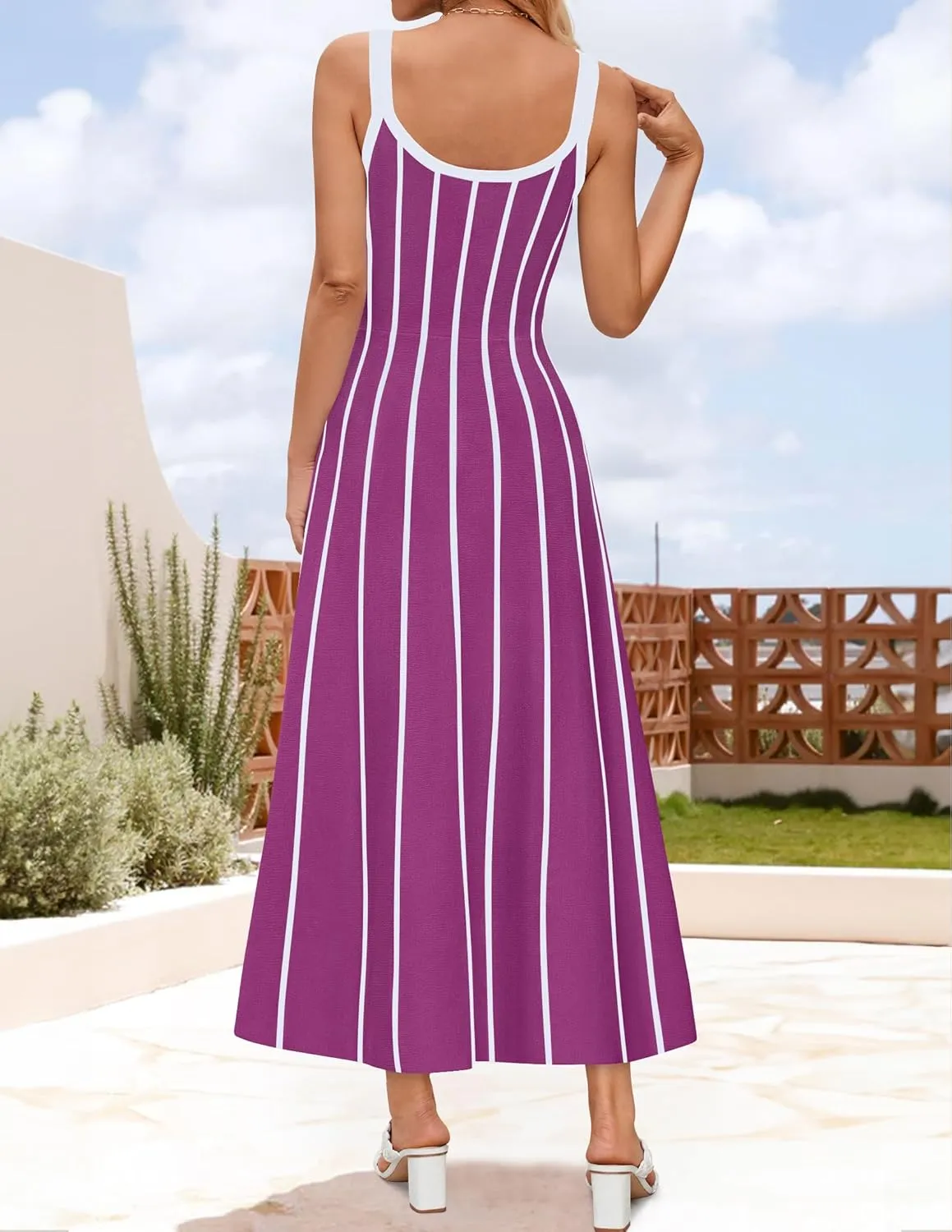 ZESICA Womens 2025 Summer Sleeveless Striped Midi Dresses Casual A Line Swing Knit Long Dress Beach Vacation Clothes