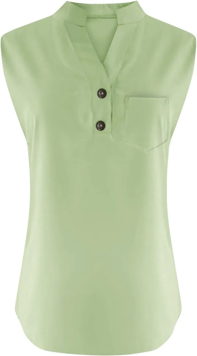 ZYXTIM Oversize Summer Tops for Women 2025 Sleeveless Cotton Linen Tank Top Casual Button V Neck Tunic Blouses with Pocket