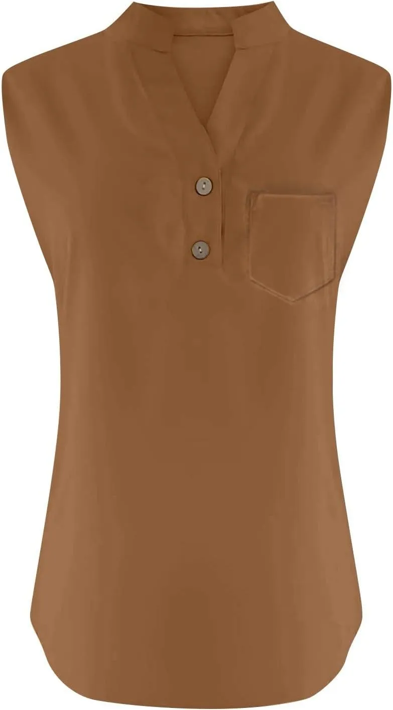 ZYXTIM Oversize Summer Tops for Women 2025 Sleeveless Cotton Linen Tank Top Casual Button V Neck Tunic Blouses with Pocket