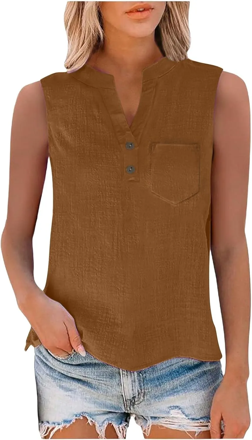 ZYXTIM Oversize Summer Tops for Women 2025 Sleeveless Cotton Linen Tank Top Casual Button V Neck Tunic Blouses with Pocket