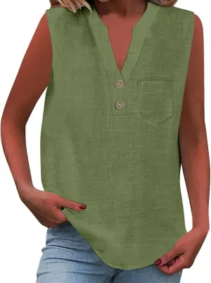 ZYXTIM Oversize Summer Tops for Women 2025 Sleeveless Cotton Linen Tank Top Casual Button V Neck Tunic Blouses with Pocket