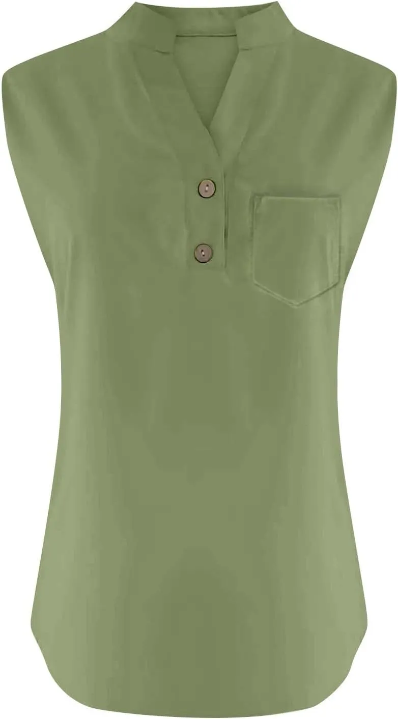 ZYXTIM Oversize Summer Tops for Women 2025 Sleeveless Cotton Linen Tank Top Casual Button V Neck Tunic Blouses with Pocket