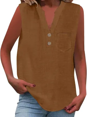 ZYXTIM Oversize Summer Tops for Women 2025 Sleeveless Cotton Linen Tank Top Casual Button V Neck Tunic Blouses with Pocket