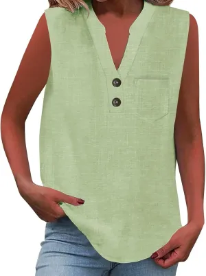 ZYXTIM Oversize Summer Tops for Women 2025 Sleeveless Cotton Linen Tank Top Casual Button V Neck Tunic Blouses with Pocket