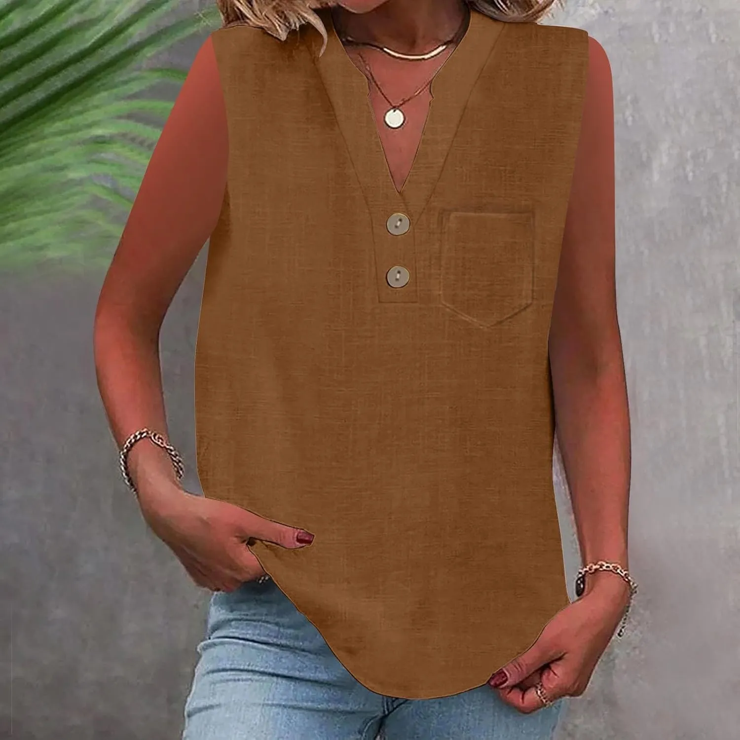 ZYXTIM Oversize Summer Tops for Women 2025 Sleeveless Cotton Linen Tank Top Casual Button V Neck Tunic Blouses with Pocket