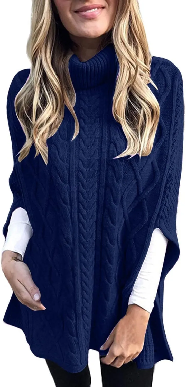 ZYXTIM Women Turtleneck Poncho Sweater Chunky Warm Cable Knit Cape Sweaters Oversize Solid Side Slit Pullover Jumper Tops
