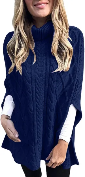 ZYXTIM Women Turtleneck Poncho Sweater Chunky Warm Cable Knit Cape Sweaters Oversize Solid Side Slit Pullover Jumper Tops