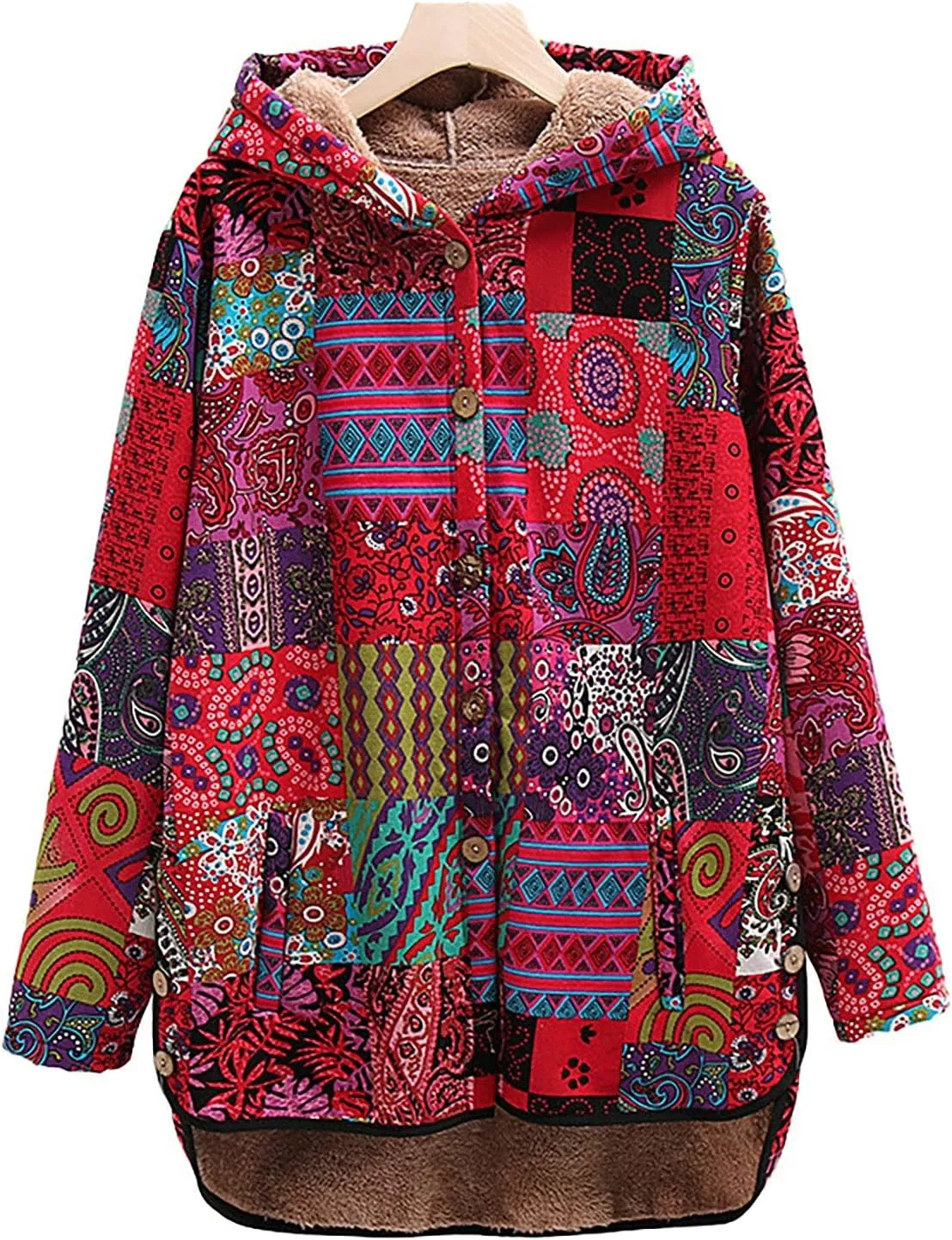 ZYXTIM Women Warm Coat Jacket Ethnic Boho Print Long Sleeves Flannel Lining Winter Overcoat Hooded Parka Outwear Christmas