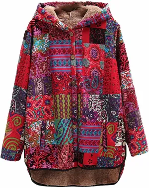 ZYXTIM Women Warm Coat Jacket Ethnic Boho Print Long Sleeves Flannel Lining Winter Overcoat Hooded Parka Outwear Christmas